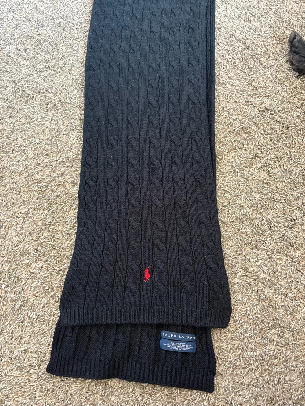 RALPH LAUREN POLO MENS WOOL CABLE KNIT SCARF BLACK WITH RED LOGO